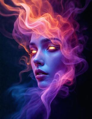 The primary subject of the image is a woman with glowing eyes, likely a digital art or illustration. She is surrounded by a purple and orange haze, which adds to the overall mood and atmosphere of the scene. The setting appears to be a dark background, which further emphasizes the woman's glowing eyes. The visual style of the image suggests a creative and artistic approach to the subject matter.